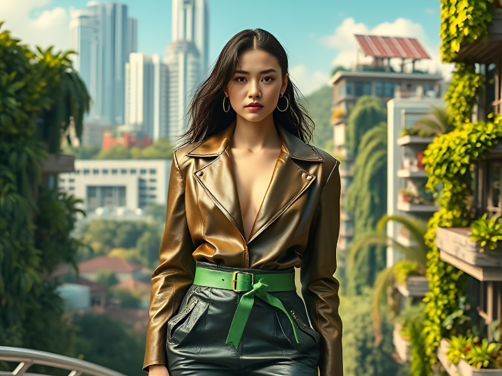 A model showcasing sustainable fashion in 2025, wearing an eco-friendly outfit made from biodegradable fabrics and upcycled textiles, set against a futuristic green cityscape with vertical gardens and solar-powered fashion studios.