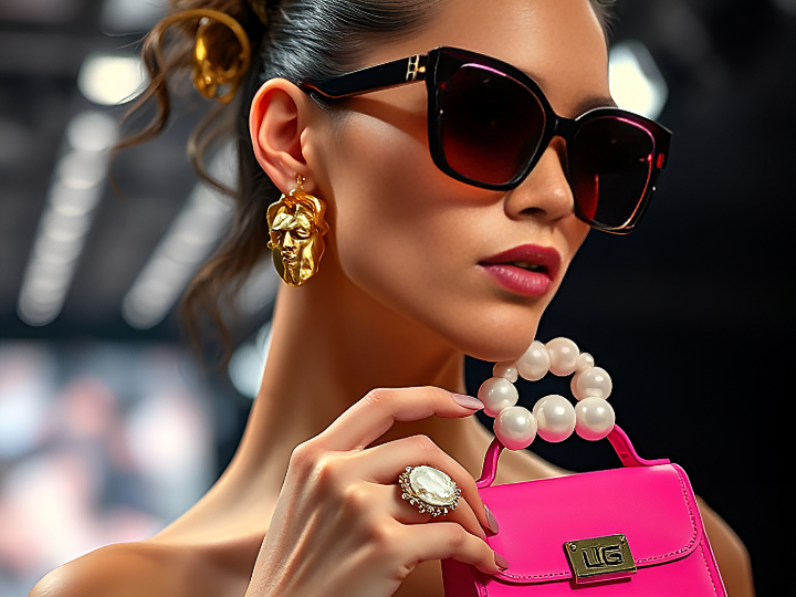 A close-up shot of a model wearing oversized gold sculptural earrings, a chunky neon resin ring, and futuristic sunglasses with LED details. The accessories take center stage, showcasing 2025’s bold statement trends.