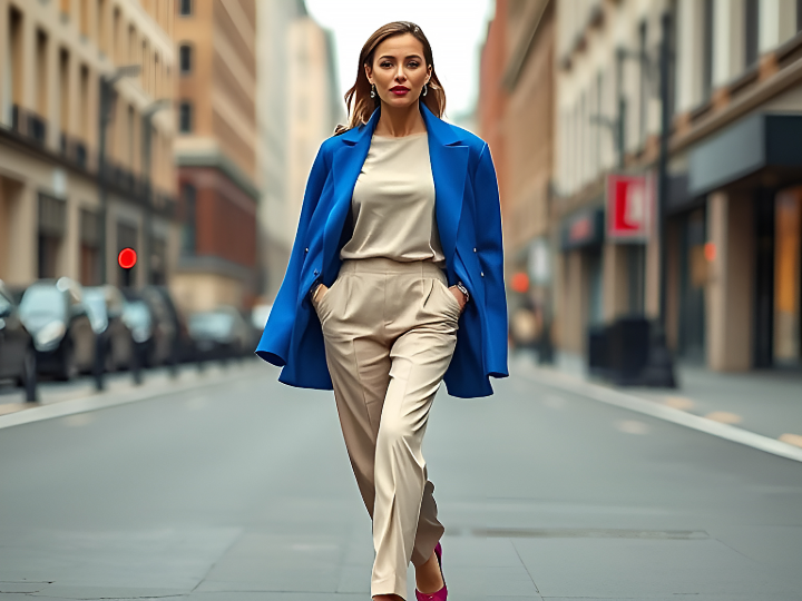 A woman in a beige outfit with a bold blue blazer, embracing smart dopamine dressing. The Pink Story.