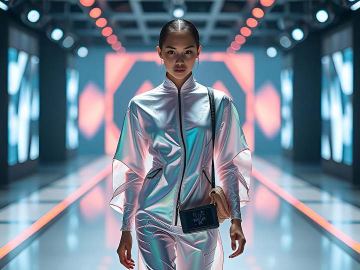 A futuristic fashion model wearing a high-tech outfit with smart textiles that change color, symbolizing the fusion of technology and style in 2025.