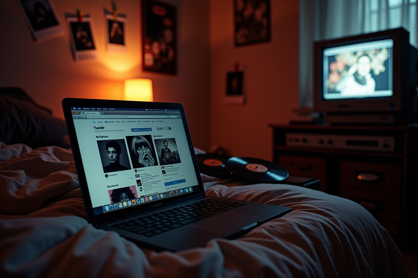 A nostalgic setup featuring Tumblr and MySpace open on a laptop, surrounded by polaroids, vinyl records, and dim lighting—reminiscent of the Indie Sleaze digital era.