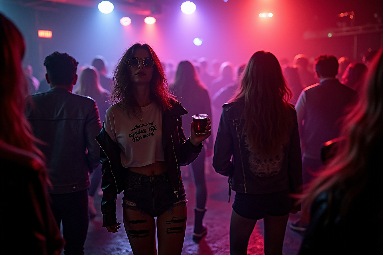 Underground club scene with neon lights, strobe effects, and a wild crowd dressed in Indie Sleaze fashion, embodying the chaotic nightlife of the 2000s.