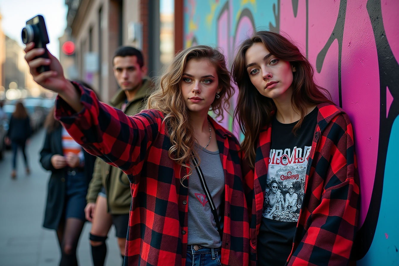 Young people embracing Indie Sleaze fashion in 2025, wearing vintage-inspired outfits and capturing candid moments with an old-school camera.