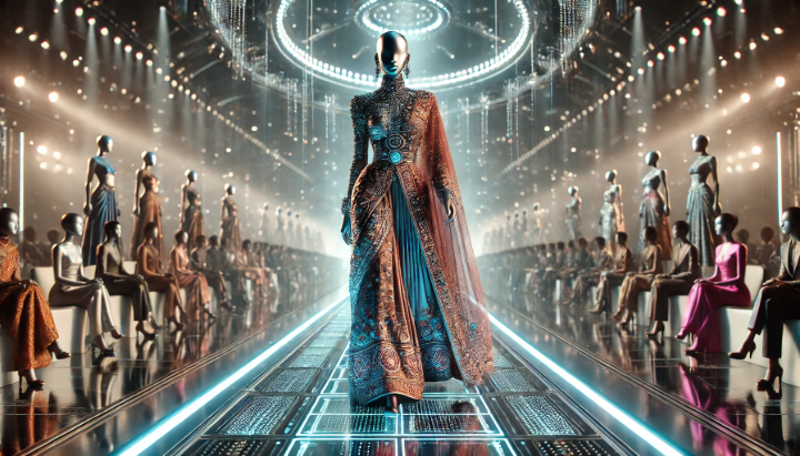 A futuristic digital fashion runway featuring AI-generated outfits and augmented reality elements.