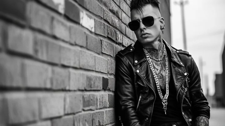 A rebellious punk-styled outfit with leather jackets, mohawks, and studded accessories.