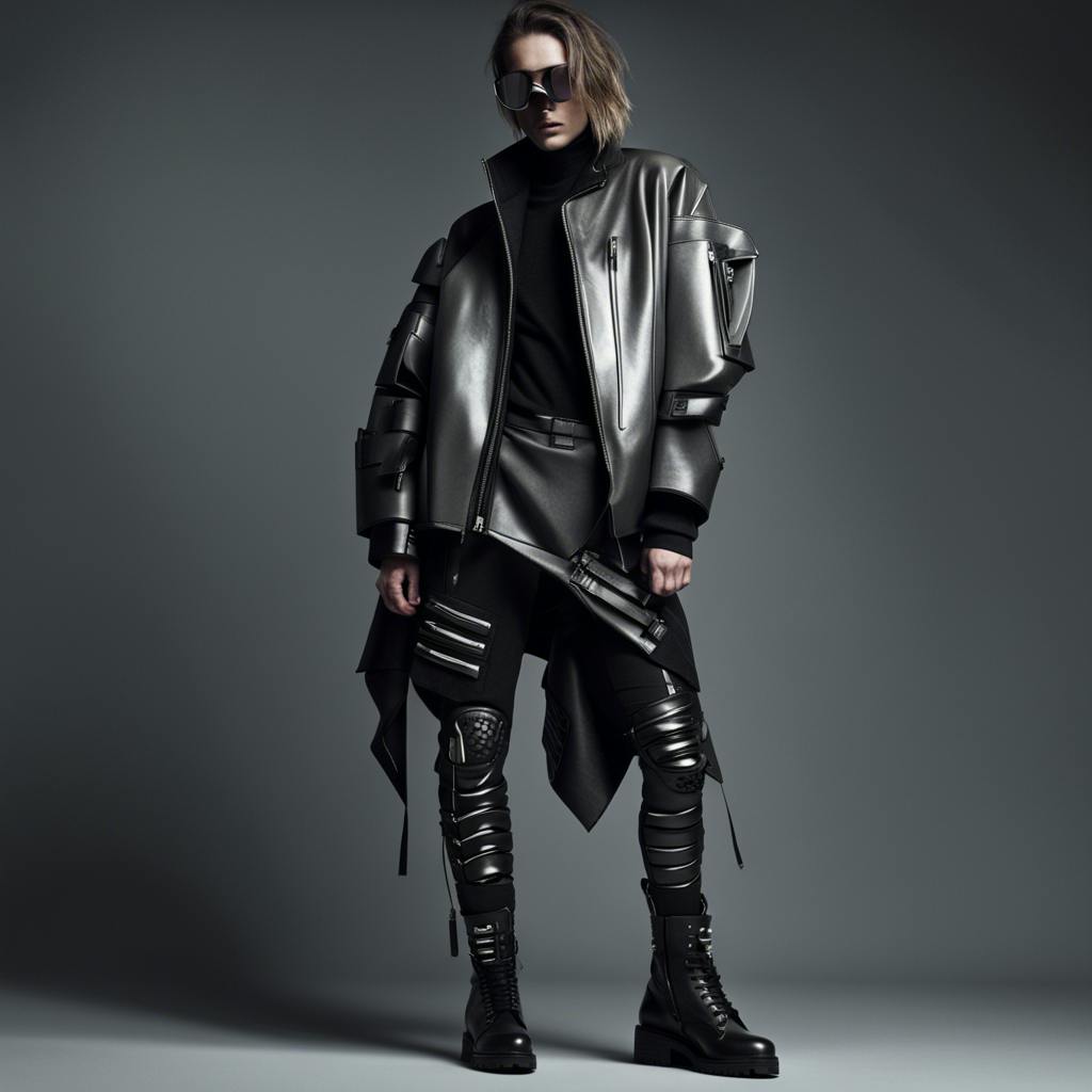 A futuristic Acubi fashion look with layered streetwear and cyberpunk accessories.