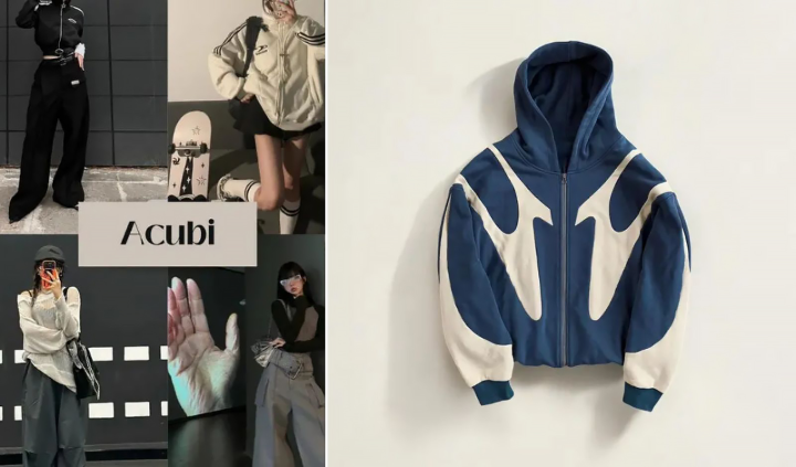 Acubi fashion clothing displayed in a store, featuring Korean streetwear brands and cyberpunk aesthetics