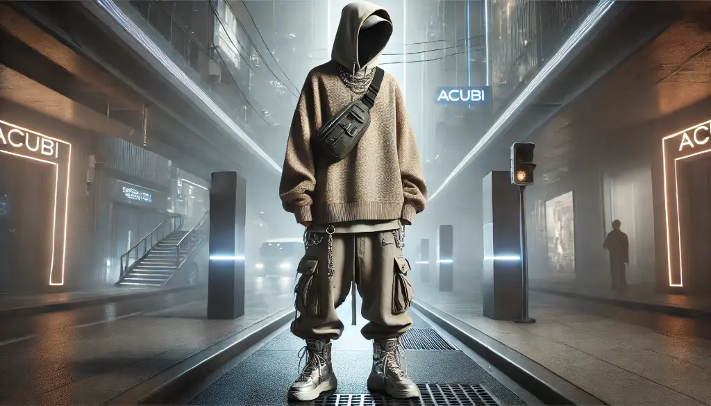 A highly realistic and stylish image of a young person wearing Acubi fashion, a rising Korean streetwear trend. The outfit consists of an overs.