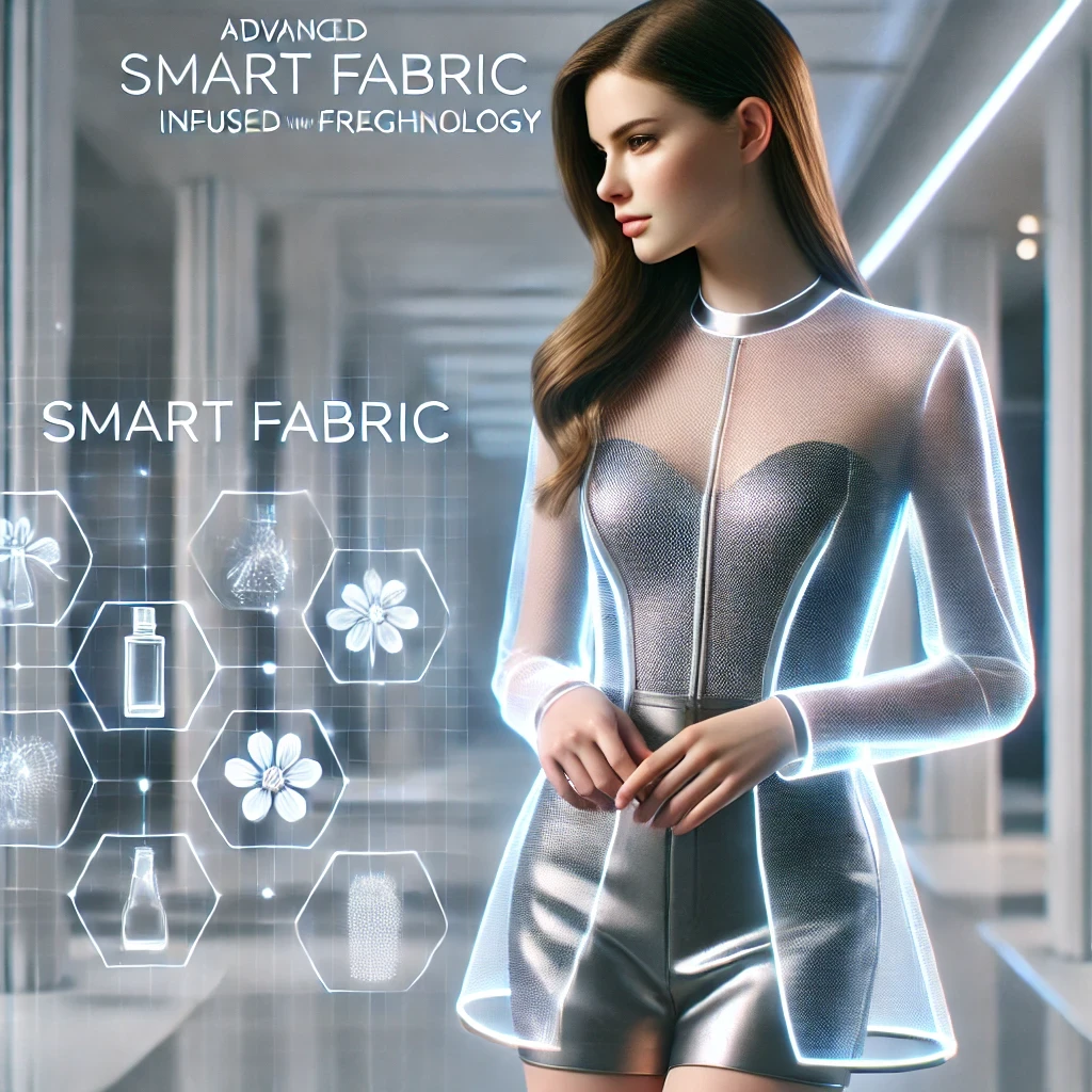 A futuristic concept image showcasing smart fabrics infused with fragrance technology.