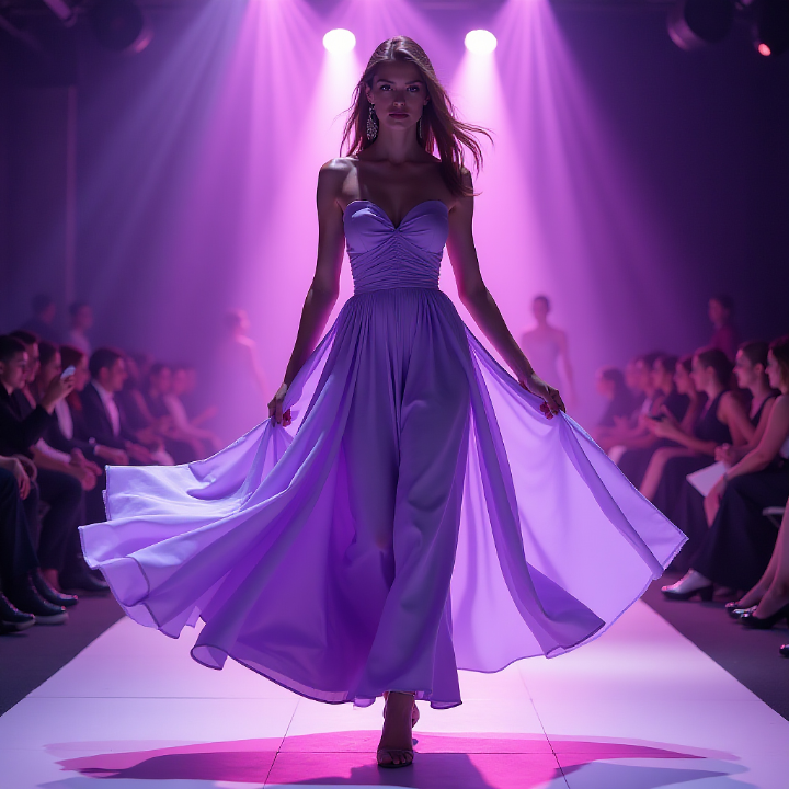 A stunning model twirling in a lavender gown under soft runway lights, creating an ethereal effect. The Pink Story captures the elegance of this season’s hottest color.