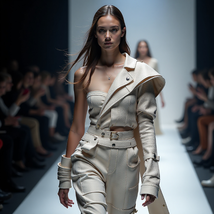 A model strutting down the runway in a futuristic avant-garde outfit, illuminated by LED lights. The Pink Story explores how high fashion meets artistry.