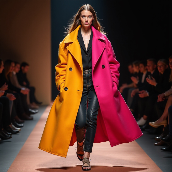 A confident model walking the runway in an oversized statement coat, exuding bold elegance. The Pink Story explores the outerwear revolution.