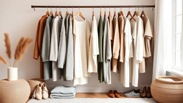 A minimalist capsule wardrobe featuring timeless fashion staples in soft, earthy tones.