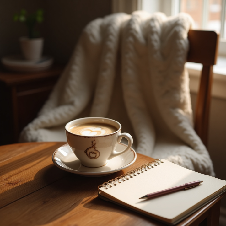 A peaceful morning setup with coffee, a linen journal, and warm natural light.