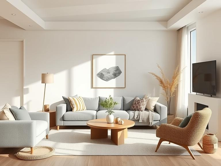 Minimalist living space with neutral tones, soft textures, and natural light.