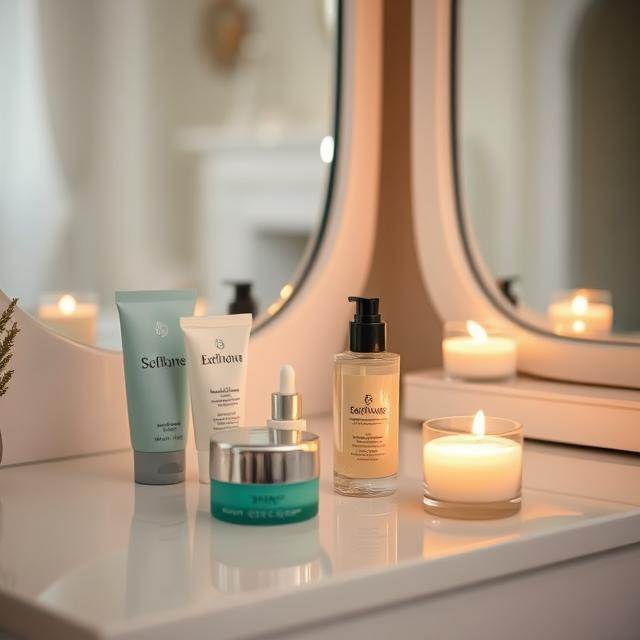 A serene vanity table with organic skincare products, candles, and a linen cloth.