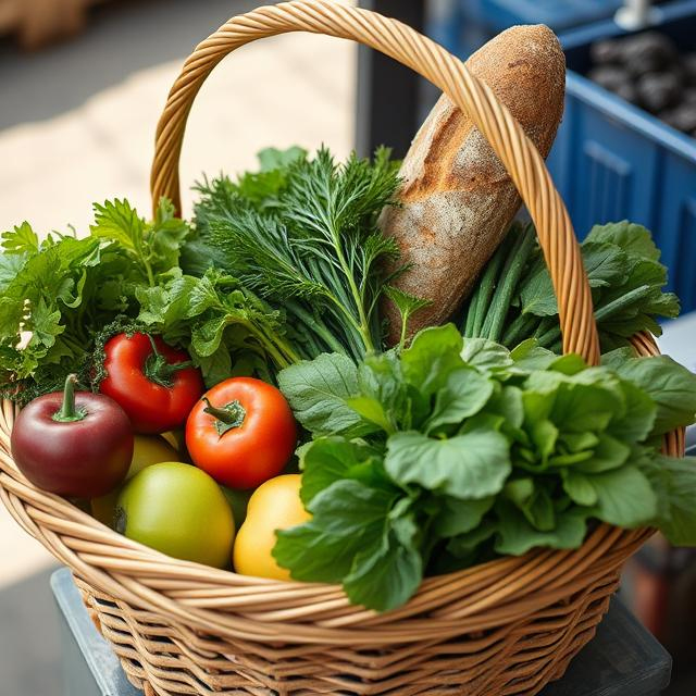 A handwoven basket filled with fresh vegetables and organic produce from a farmer’s market.