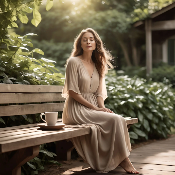 A woman embracing slow living in a chic, neutral-toned outfit while enjoying coffee outdoors – The Pink Story’s guide to mindful fashion choices for a balanced and stylish life.