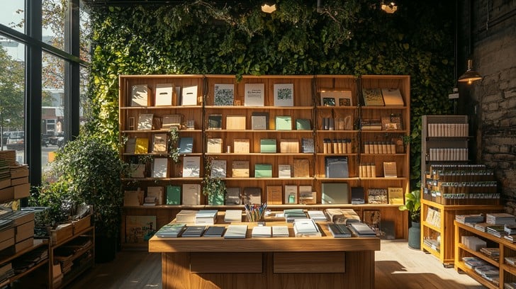 A cozy riverside bookshop with wooden interiors, stacks of old books, and soft lighting.